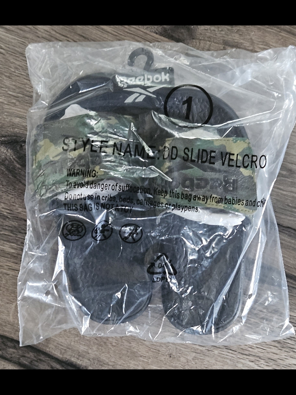 Reebok Kids Black Slide Sandals with Camo Velcro Strap